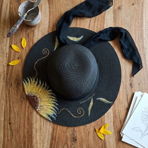 Handmade black straw hat with painted sunflower