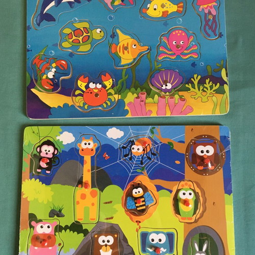 Two baby wooden puzzles new, magnetic fishing and jungle animals