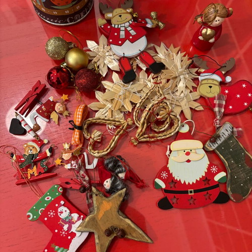 Box with Christmas decorations like new