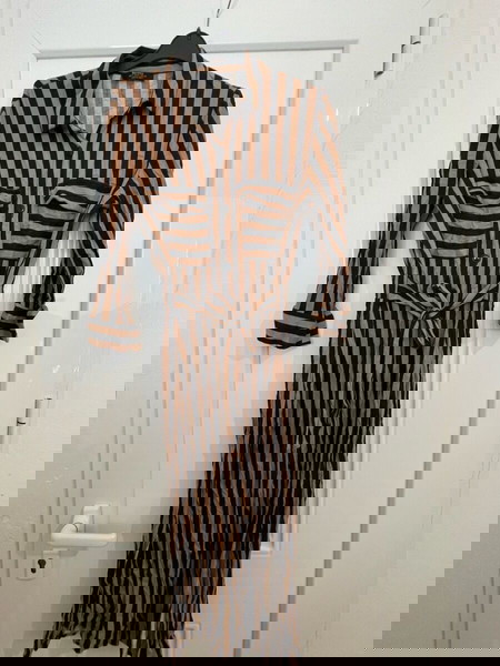 Bershka - black/tan striped shirt dress M