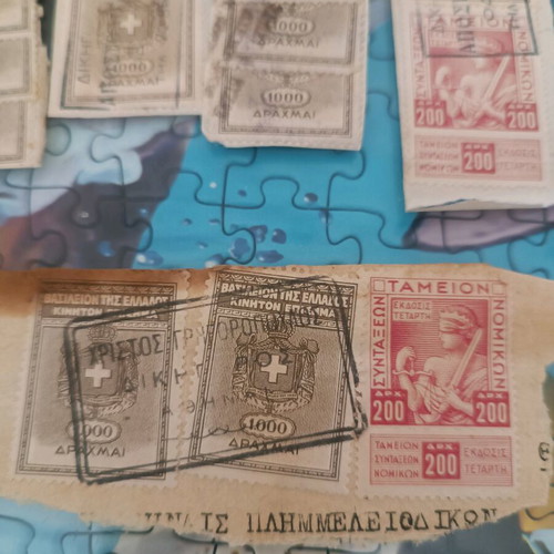 Old Greek tax stamps used, collection on documents