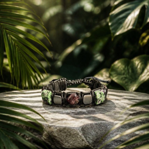 Men's leather bracelet with garnet, ruby zoisite, and hematite, new