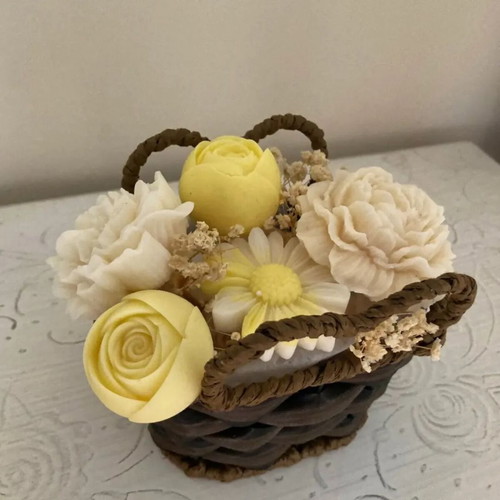 Scented Wax Flower Bouquet in Vintage Basket, new