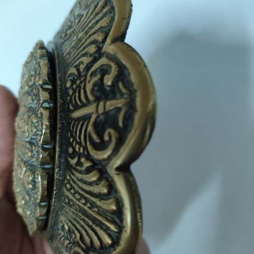 Vintage brass decorative container with lid used, carved design
