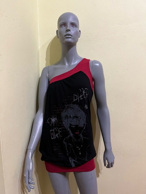 Mini/midi dress with one shoulder S/M like new, red and black