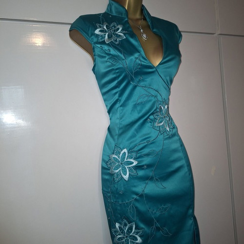 Jane Norman Oriental dress turquoise green size S 10 38