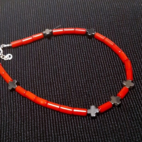 Rosemary bracelet with natural coral, hematite and 925 silver, handmade