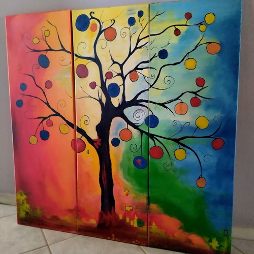 Handmade painting triptych acrylic vibrant colors 90x90 cm like new