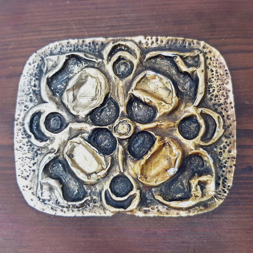 Vintage Brutalist Brass Wall Plaque on Wood used