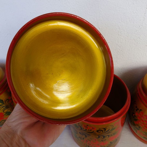 Khokhloma jars used, set of 7, wooden, handmade, USSR vintage