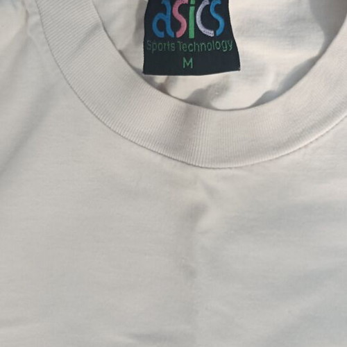 Vintage Asics 90s graphic t-shirt, white with green and blue sleeves