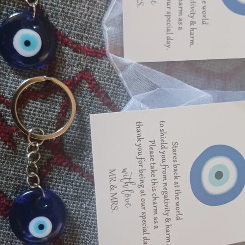 Set of 2 blue evil eye keychains with card and transparent pouch