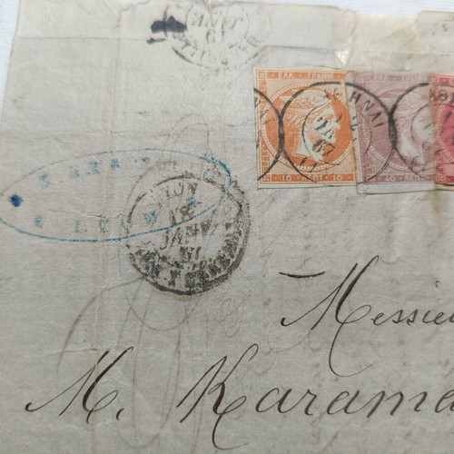 Letter 1867 with 3 Hermes Large Heads used to Athens with Latin postmarks