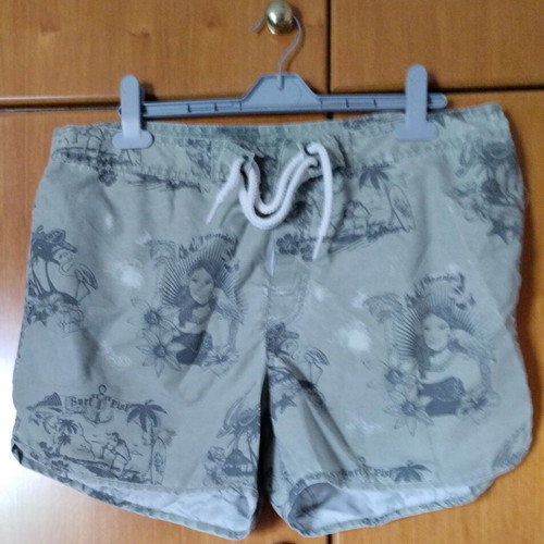 Tex men's swim shorts XL, retro pattern with figures and palms, olive green