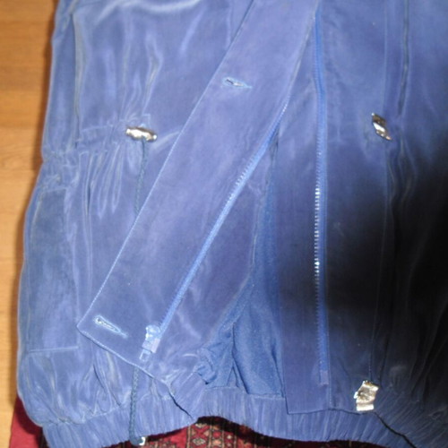 Silk blue jacket like new, long with silver buttons