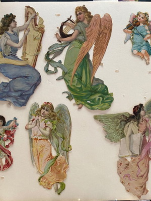 Vintage die-cut paper scraps set of 6 angels and musical instruments