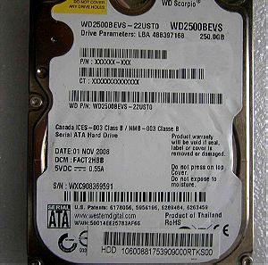 Western Digital 250GB SATA2 2,5" με 23 ημέρες λειτουργίας