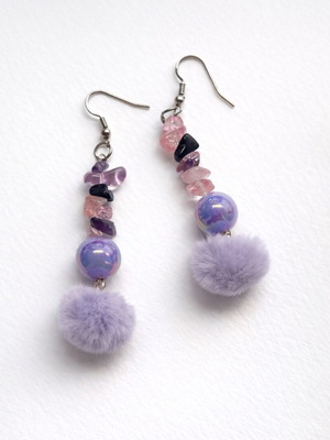 Handmade earrings with semi-precious stones and lilac pom-pom new