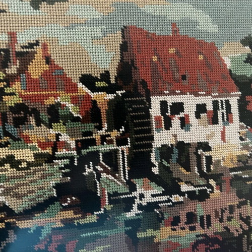 Antique painting handmade embroidery rural landscape like new