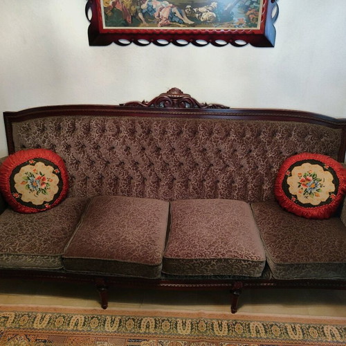 Vintage living room set with dark olive velvet upholstery, like new