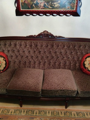 Vintage living room set with dark olive velvet upholstery, like new