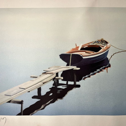 G. Perros silk screen printing like new with boat and wooden pier
