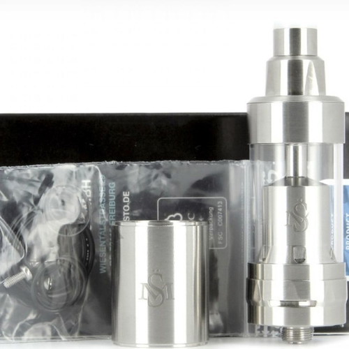 Kayfun V5 atomizer used with glass and steel tank
