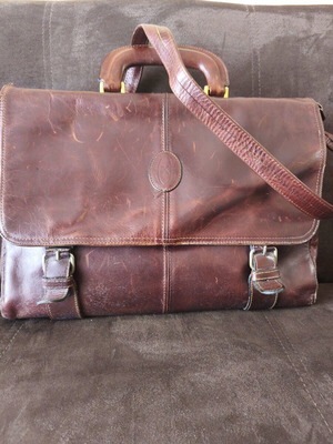 Leather vintage briefcase bag used, brown, 42x30x10 cm