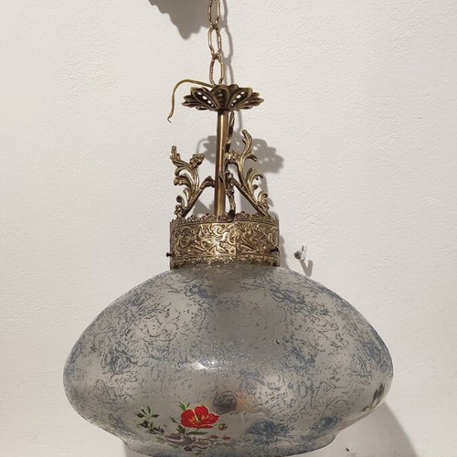Vintage pendant light used, aluminum and painted opaline