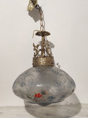 Vintage pendant light used, aluminum and painted opaline