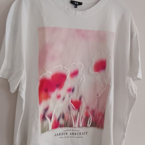 C&A women's short-sleeve T-shirt, white with colorful print, XXL