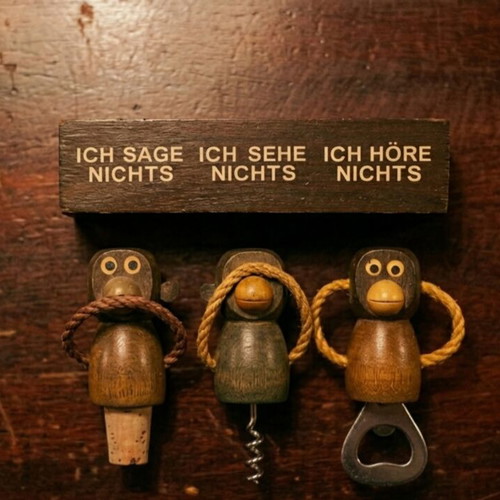 Vintage wooden bar set 3 pieces with opener, corkscrew, stopper
