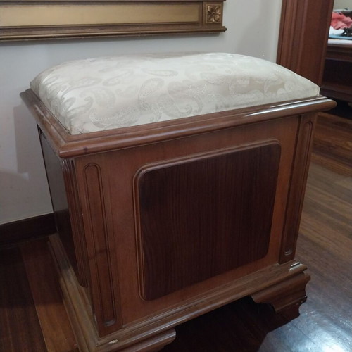 Wooden stool with fabric seat and storage