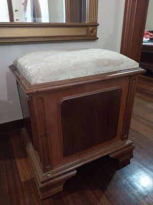 Wooden stool with fabric seat and storage