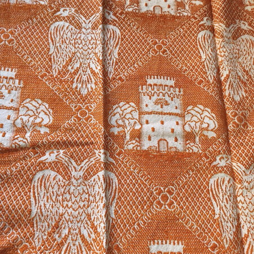 Traditional vintage woven textile with White Tower and Double-headed Eagle, orange and white