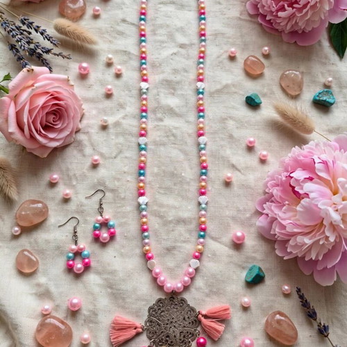 Bohemian tassel long necklace and earrings set colorful, handmade