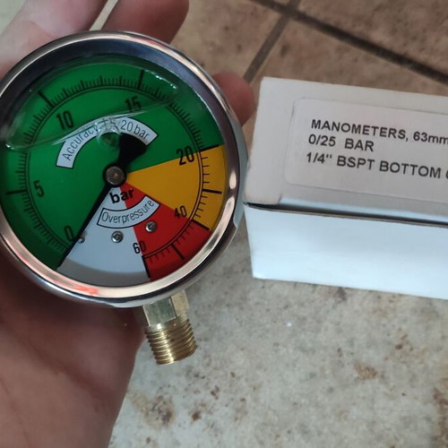 Glycerin manometer Φ63mm 0-25 bar vertical 1/4 new