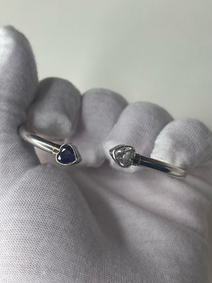 925 Silver Open Bangle with Blue and Clear Heart Stones like new