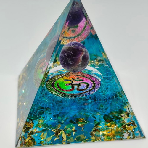 Orgonite pyramid with amethyst and Om symbol like new