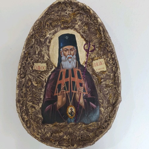 Icon of Saint Luke the Doctor in handmade ceramic egg-shaped design