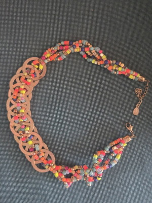 Boho necklace like new with colorful neon beads and gold rings