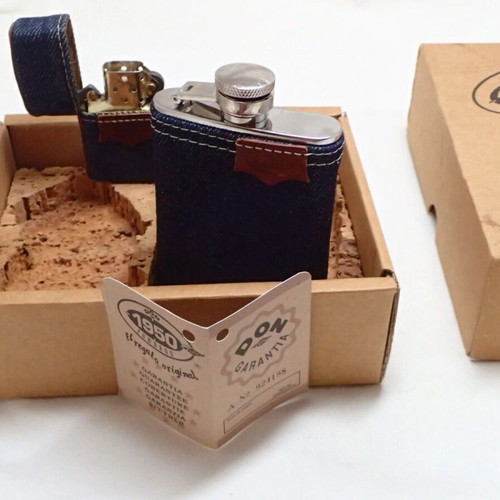 Don Ramos 1950 Founded Lighter and Hip Flask with Denim Wrap and Case new