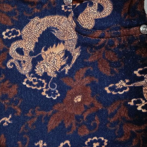 Vintage flare pants with oriental dragon pattern, blue and brown