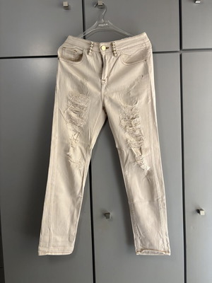 Roberta Biagi εκρού off-white τζιν παντελόνι με σκισίματα και λεπτομέρειες από πέρλες, σαν καινούργιο