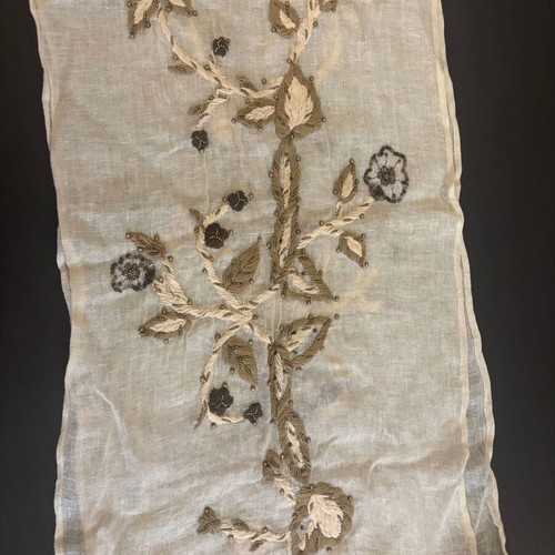 Massimo Dutti Linen Scarf with Embroidery new, beige and gold
