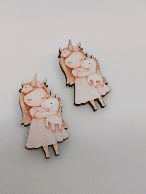Wooden earrings with unicorn girl new, white and pink