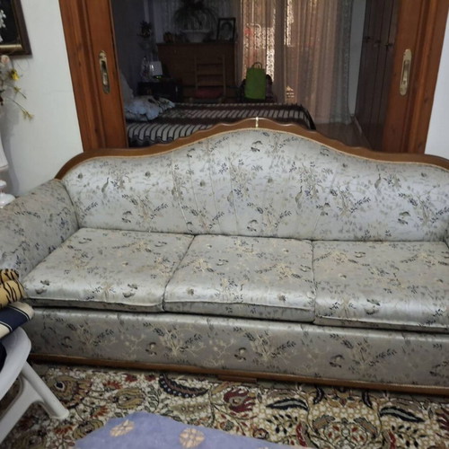 Sofa with solid wood frame and glossy fabric, like new, three-seater