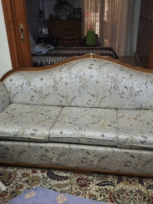 Sofa with solid wood frame and glossy fabric, like new, three-seater