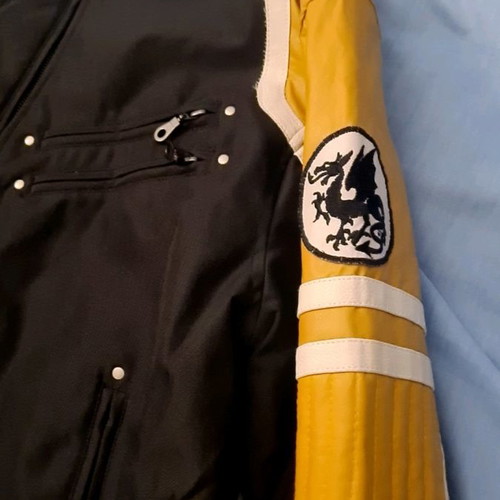 Biker jacket used, black with yellow details, men's L