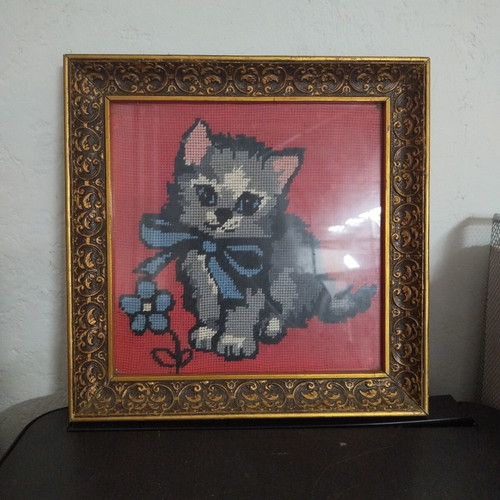 Vintage embroidered cat painting with frame and glass, like new